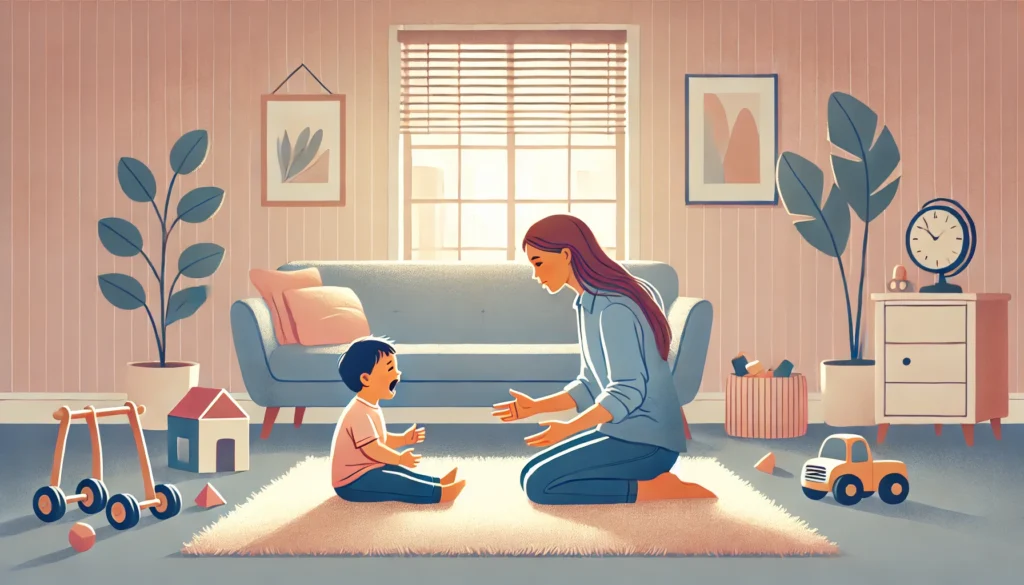 A calm parent kneeling on a soft rug, gently talking to a toddler having a tantrum in a cozy living room with natural light, toys, and a warm atmosphere.