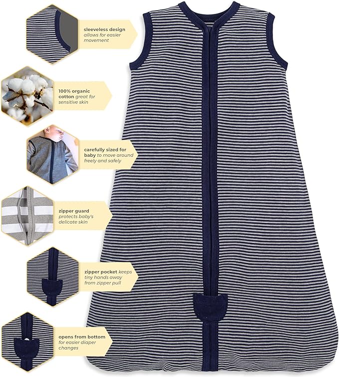 Striped organic cotton baby sleep sack with zipper guard and sleeveless design features